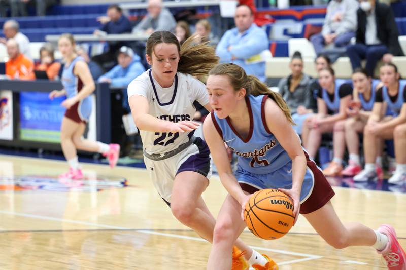 Manteno’s Sophie Peterson defends in a full-court press during the Panthers’ 44-23 victory over St. Joseph-Ogden in the IHSA Class 2A Pontiac Sectional semifinal on Tuesday, Feb. 24, 2026, at Pontiac Township High School.