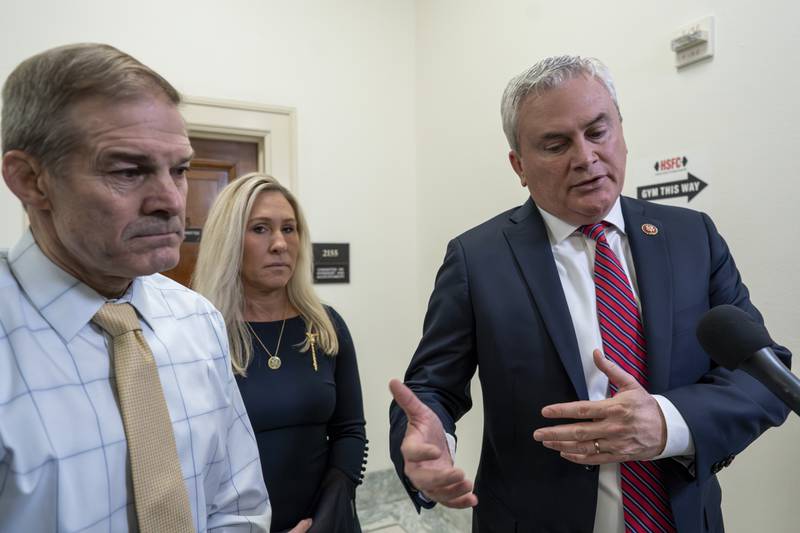 From left, House Judiciary Committee Chairman Jim Jordan, R-Ohio, Rep. Marjorie Taylor Greene, R-Ga., and House Oversight and Accountability Committee Chairman James Comer, R-Ky., speak to reporters after Hunter Biden, President Biden's son, defied a congressional subpoena to appear privately for a deposition before Republican investigators who have been digging into his business dealings, at the Capitol in Washington, Wednesday, Dec. 13, 2023. Hunter Biden insisted outside the Capitol on Wednesday he'll only testify in public. (AP Photo/J. Scott Applewhite)
