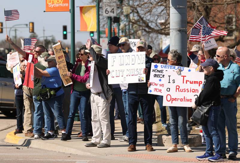 Protesters gather on the corner of State and Main Street to voice their displeasure with President Donald Trump Friday, March 14, 2025, in Sycamore. The group was protesting recent cuts by the Trump administration to the Department of Veterans Affairs.