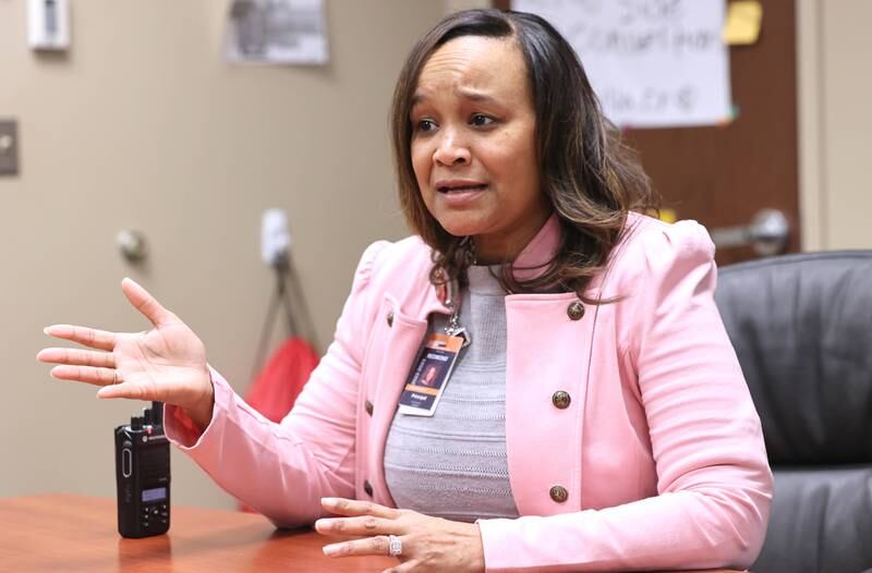 Treveda Redmond, principal at Huntley Middle School, talks about her job and how she enjoys working teaching kids Tuesday, March 14, 2023, at the school in DeKalb.