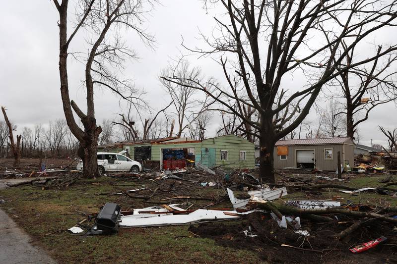 Damage is seen along Strasma North Drive in Aroma Park on March 11, 2026 following a March 10 tornado that passed through Kankakee County.