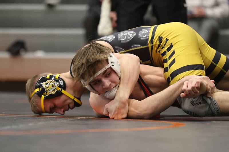Joliet West’s Coehn Weber works over with Yorkville’s Donovan Rosaver in the SouthWest Prairie Conference 150 pound championship on Saturday, Jan. 24, 2026 in Minooka.