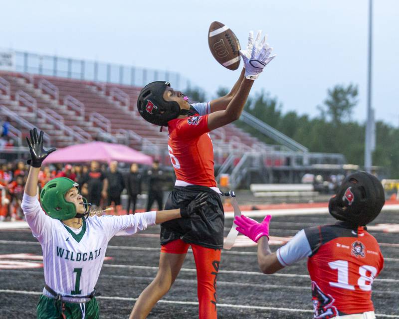 Bolingbrook's Kennedy Williams (6) leaps for a touchdown attempt during flag football game between Plainfield Central at Bolingbrook Wednesday, Sept 3, 2025  in Bolingbrook.