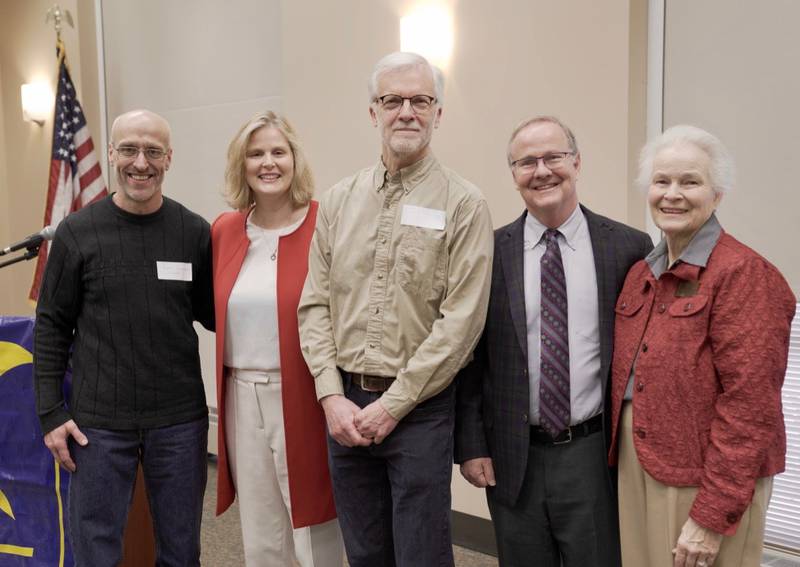 The 2020 inductees are Vince Chiaramonte (left), Joel Sheesley (center) and Jeffrey Hunt (second from right) with Fox Valley Arts Hall of Fame board members Susan Starrett and Susan S. Starrett (right).
