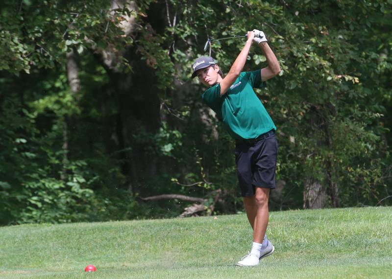 St. Bede's Zach Husser, hits toward the third hole during the Streator Bulldog Invitational on Monday, Aug. 25, 2025 at Eastwood Golf Course in Streator.