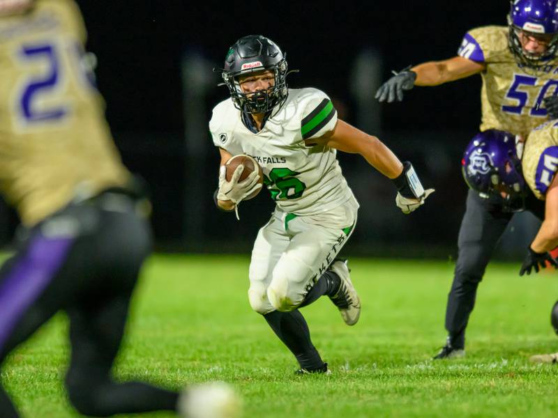 Rock Falls Korbin Oligney finding his way through the Dixon defense on Friday, Sept. 8, 2023 at Rock Falls.