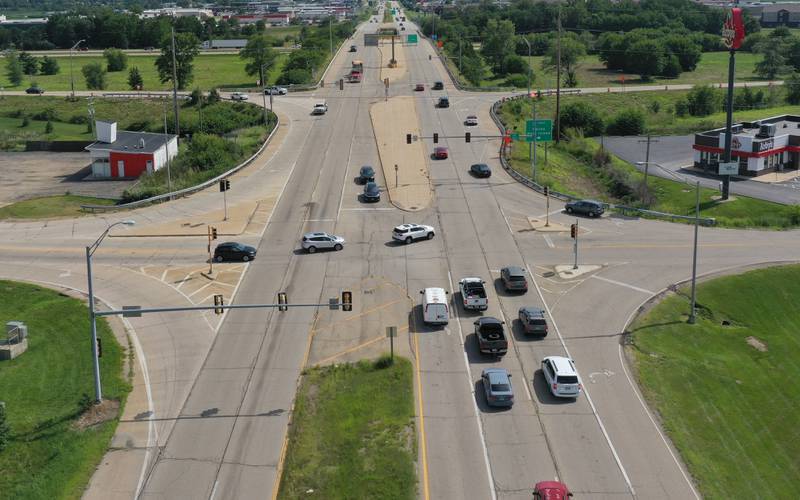 An aerial view of the intersection of Illinois Route 251 and May Road on Friday, Aug. 15, 2025 in Peru. The intersection sees some of the most accidents.