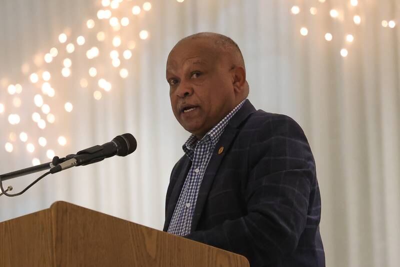 Illinois Department of Transportation Secretary Omer Osman speaks at the Joliet Chamber of Commerce March monthly luncheon on Wednesday, March 20, 2024 in Joliet.