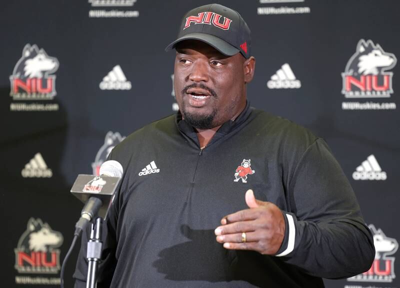 Northern Illinois University head football coach Thomas Hammock talks about the upcoming season Tuesday, Aug. 6, 2024, during NIU fall sports media day in the Barsema Hall of Champions at NIU in DeKalb.