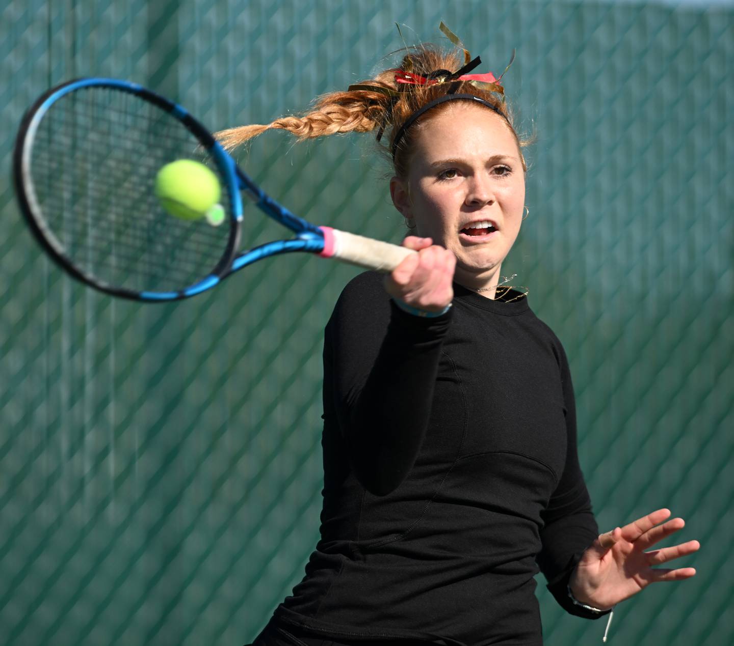 Plainfield North’s Jessica Kovalcik returns the ball during Class 2A singles championship match of the girls state tennis tournament at Hersey High School on Saturday, Oct. 26, 2024 in Arlington Heights.