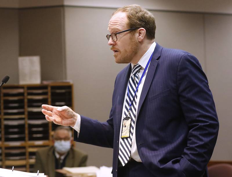 McHenry County State's Attorney Patrick Kenneally makes an argument during court proceedings Friday, March 11, 2022, during the second day of Michael M. Penkava and Colin B. Scott’s trial before Judge Mark Gerhardt at the McHenry County Michael J. Sullivan Judicial Center in Woodstock. Penkava and Scott are both elders in a Crystal Lake Jehovah's Witnesses congregation and are charged with misdemeanor failure to report the sexual abuse of a child.