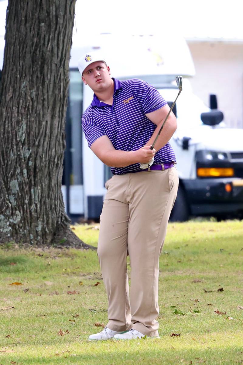 Mendota's Jonas Fitzgerald hits the ball during the Three Rivers Conference Tournament on Tuesday, Sept. 23, 2025 at Chapel Hill Golf Course in Princeton.