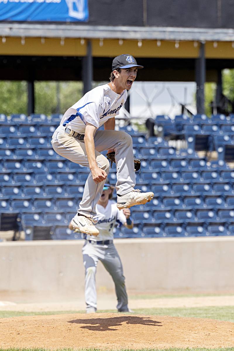 Newman’s Kyle Wolfe celebrates their 3-2 supersectional baseball game against Chicago Hope Monday, May 29, 2023. Newman will play next week in Peoria for the class 1A state title.