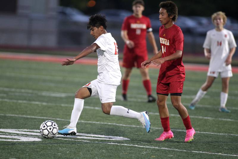 Oswego’s Josue Sanchez dribbles the ball during a game at Batavia on Thursday, Sept. 7, 2023.