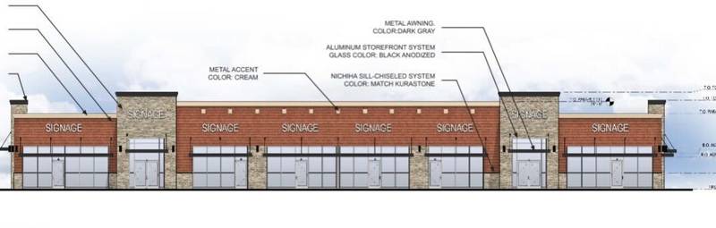 The revised exterior design for a proposed multi-tenant retail building at the southwest corner of Orchard and Jericho Roads in Montgomery. The building, which will feature a brick and limestone facade, will be located just south of the Gas N Wash. (illustration provided by the village of Montgomery)