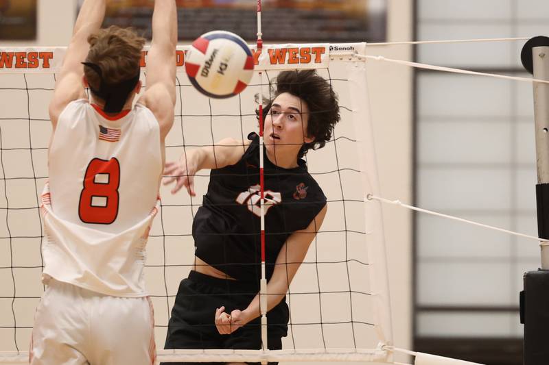 Lincoln-Way West’s Ben Flores hits a shot past the defense against Plainfield East on Wednesday, March 22nd. 2023 in New Lenox.