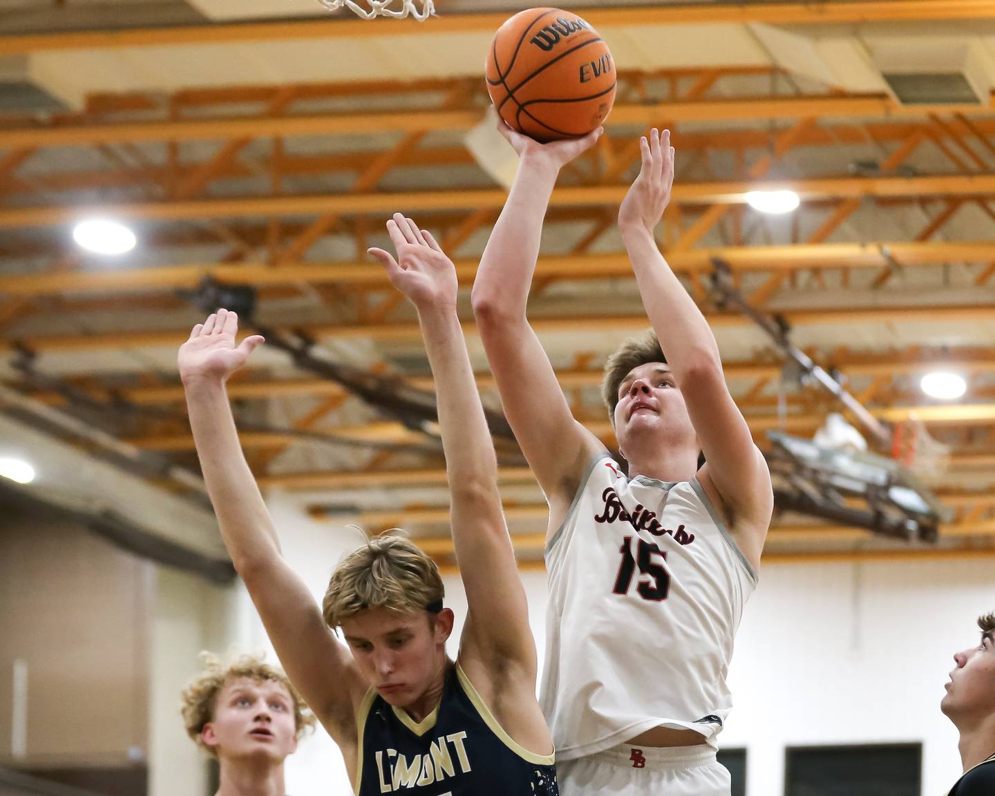 Bradley-Bourbonnais's Nick Allen (15) puts up a shot in front of the basket during their WJOL Thanksgiving Classic Championship game between Bradley Bourbonnais at Lemont, Saturday November 30, 2024  in Joliet.