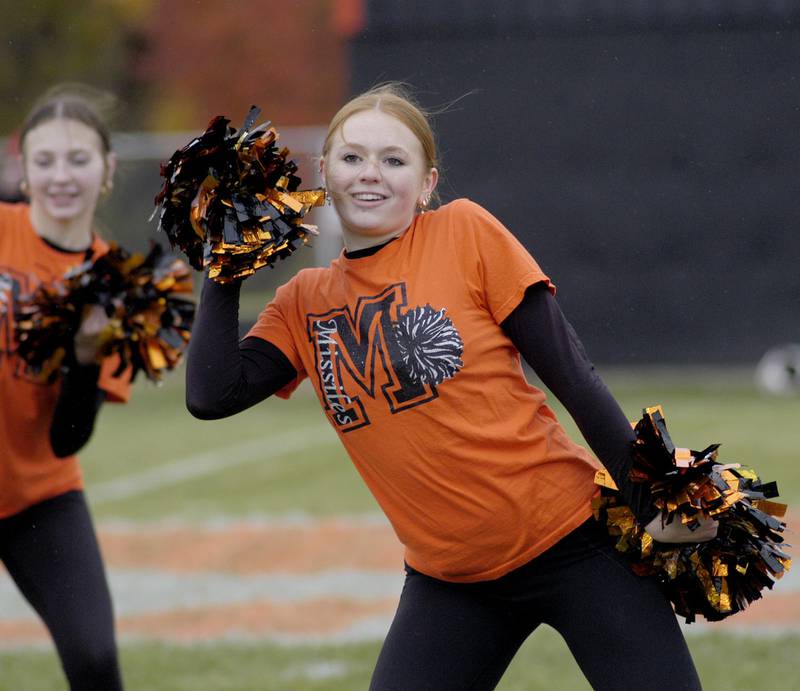 Spirit squad member Macey Schryver performs at the half. The Milledgeville Missiles defeated the South Beloit SoBos 22-6 in Round 2 of the I8FB playoffs. The game took place at Milledgeville on Saturday, November 8th, 2025