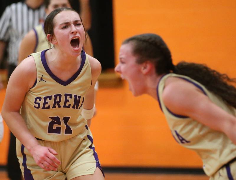 Serena's Makayla McNally reacts with teammate Gwen O'Connell during the Class 1A Sectional final game on Thursday, Feb. 22, 2024 at Gardner-South Wilmington High School.