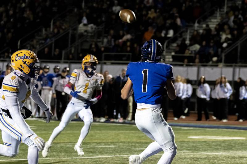 Lincoln-Way East's Blaise LaVista gets ready to make a catch during a varsity football game against Sandburg at Lincoln-Way East on Oct. 23, 2025.
