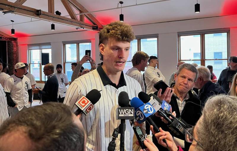 White Sox pitching prospect Noah Schultz talks with reporters Friday at SoxFest.