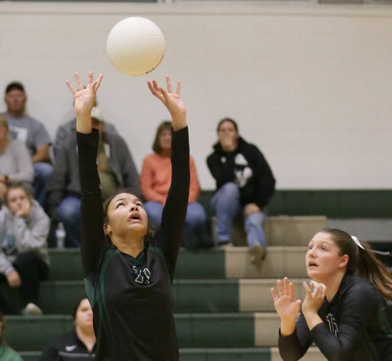 St. Bede's Amanda Wojcic (11) sets the ball in play in the Class 1A semifinal game on Wednesday, Oct. 16, 2022 at St. Bede Academy in Peru.