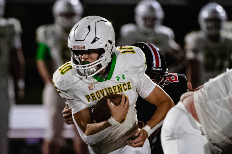 Providence's Leo Slepski pushes past the Lincoln-Way Central defense during a game against Lincoln-Way Central on Friday Sept. 5, 2025 at Lincoln-Way Central High School in New Lenox