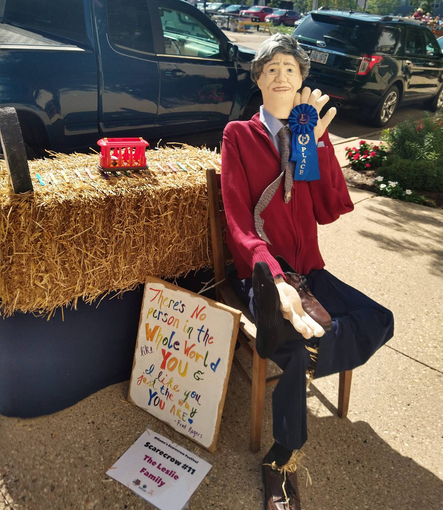 The Leslie family's Mr. Rogers won the top prize in the individual/family category at Ottawa Scarecrow Festival on Saturday, Sept. 24, 2022.