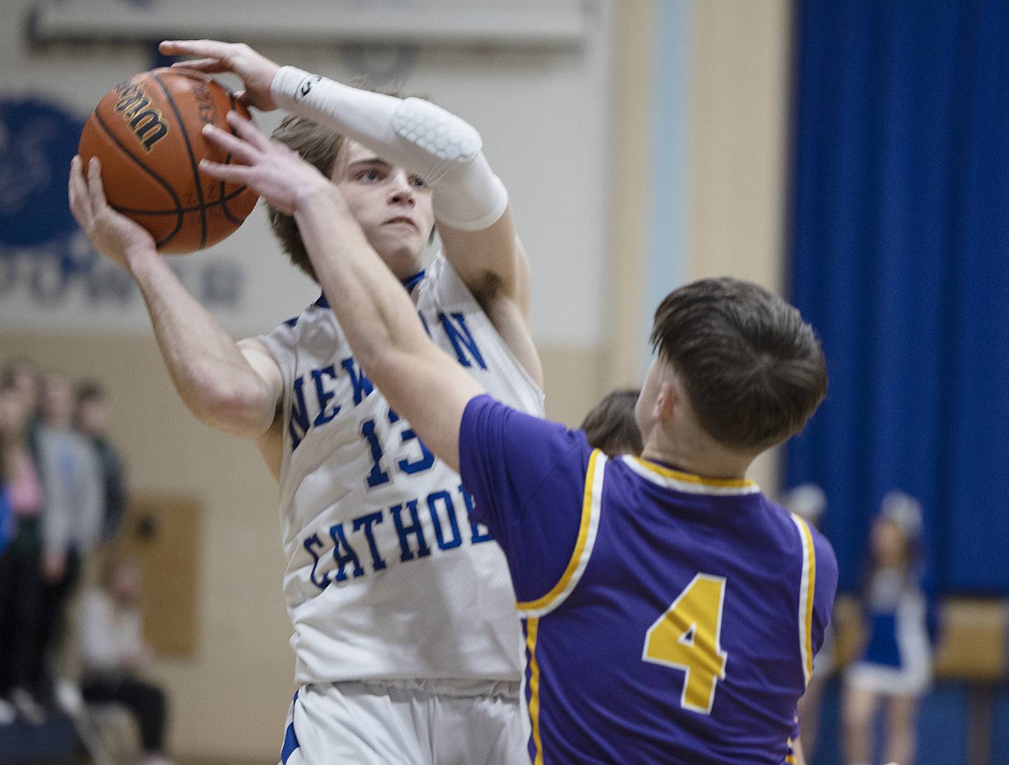 Newman’s Nolan Britt looks to put up a shot Tuesday, Jan. 31, 2023 against Mendota’s Dom Stamberger.