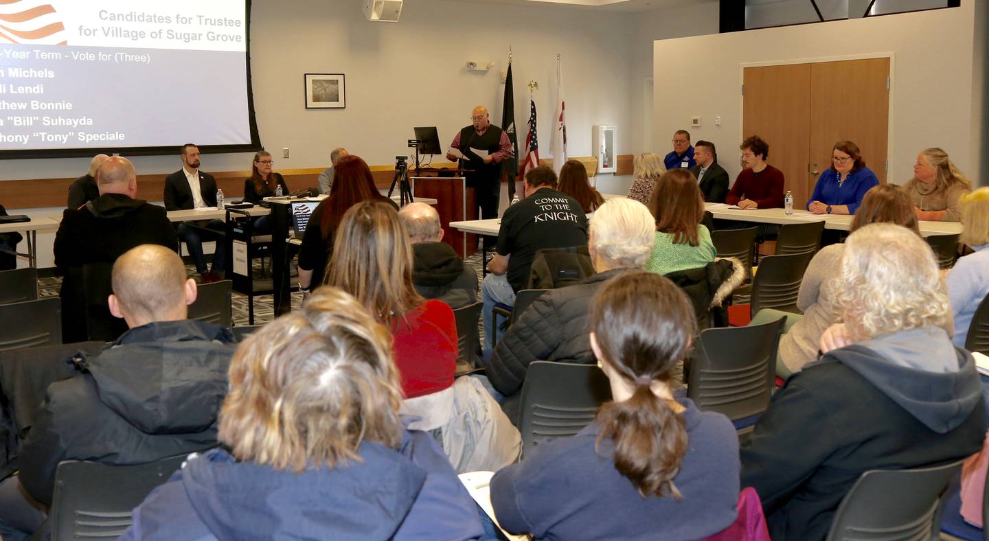 Members from the community attend a Meet the Candidates forum at the Sugar Grove Public Library on Saturday, March 18, 2023.