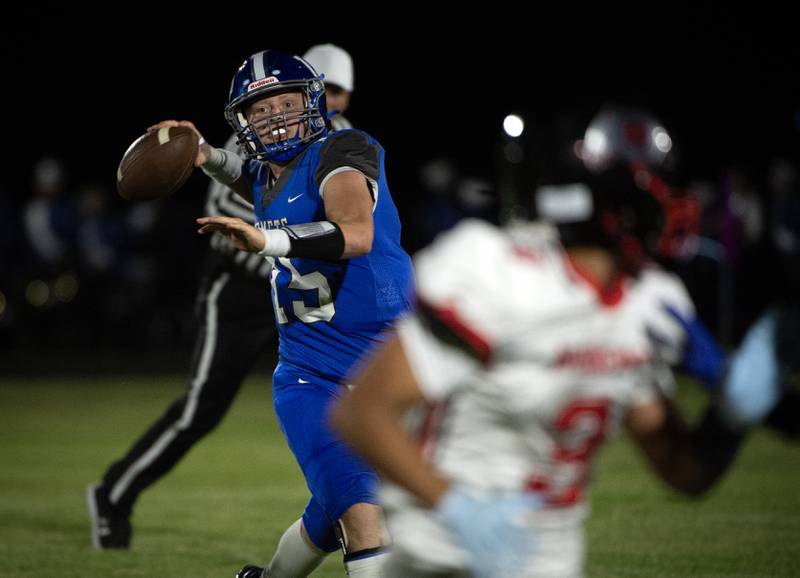 Clifton Central's Brady Shule looks to pass in a game against Momence on Friday, September 5, 2025.