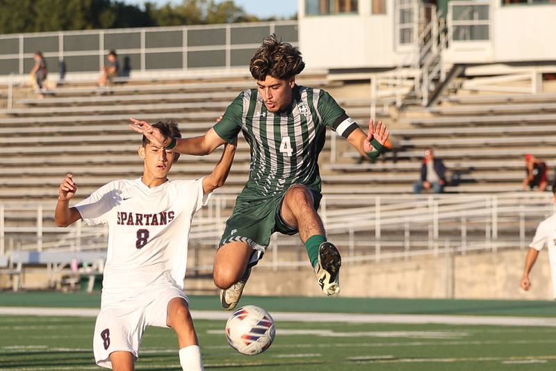 Plainfield Central’s Abraham Contreras makes a play on the corner kick against Romeoville on Tuesday, Oct. 8, 2024 in Plainfield.