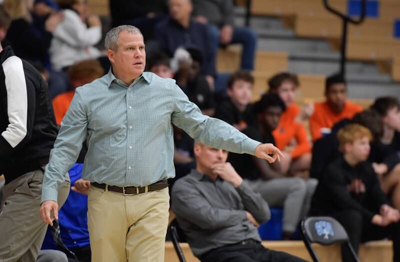 Wheaton Warrenville South head coach Michael Healy during a against St. Charles North on Friday, December 2, 2022.