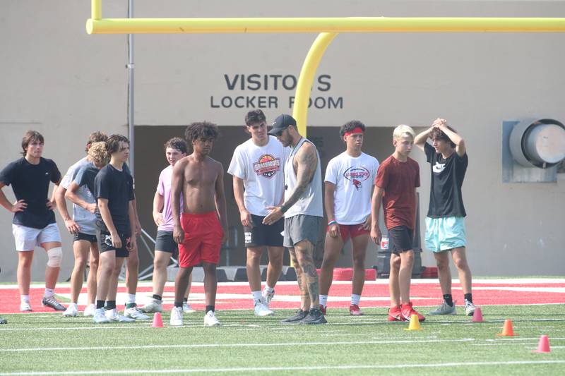 Members of the La Salle-Peru football team run drills at Howard Fellows Stadium during their football camp on Tuesday, July 25, 2023 in Peru.
