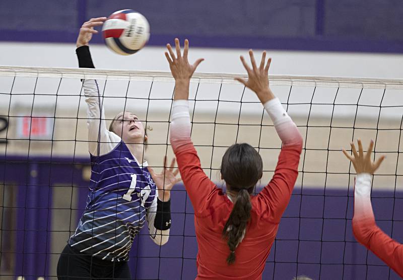 Dixon’s Leah Carlson spikes the ball against Oregon Tuesday, Sept. 26, 2023 at Dixon High School.