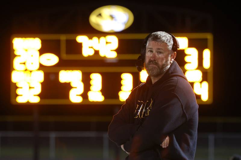 Herscher head coach Mike Mosier watches a play during the Tigers' 45-28 loss to Bishop McNamara on Friday, Sept. 5, 2025.