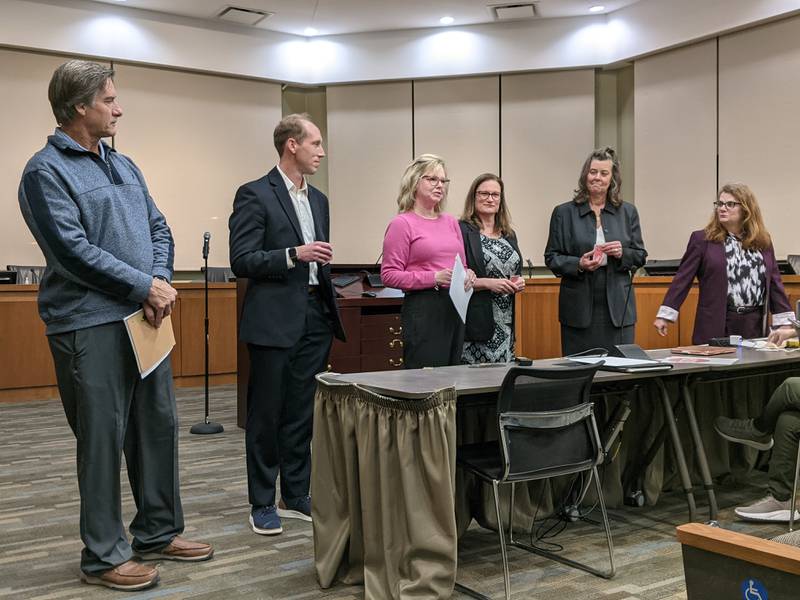 From left to right, Terry Olson, James Cooper, Karen Novy,  Rachelle Koenig, Jennifer Jones Sinnott and Jennifer Hughes participate in a Oswego Village Board March 3 hosted by the Oswego Area Chamber of Commerce.