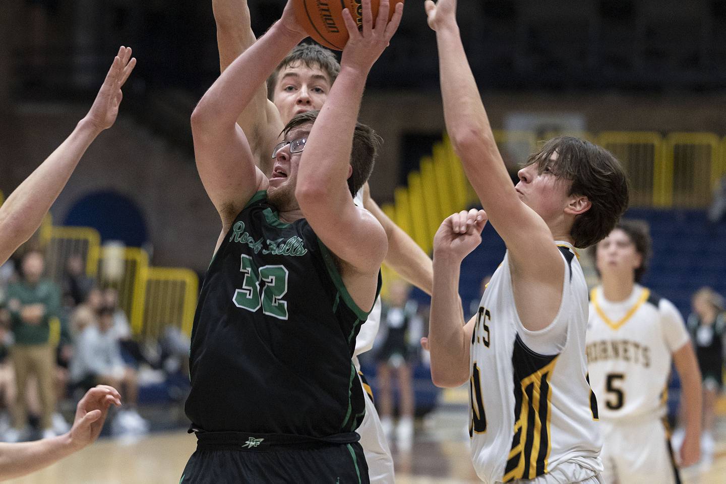 Rock Falls’ Chevy Bates puts in a shot below the basket against Hinsdale South Monday, Jan. 10, 2023 at Sterling High School’s MLK Classic basketball tournament.