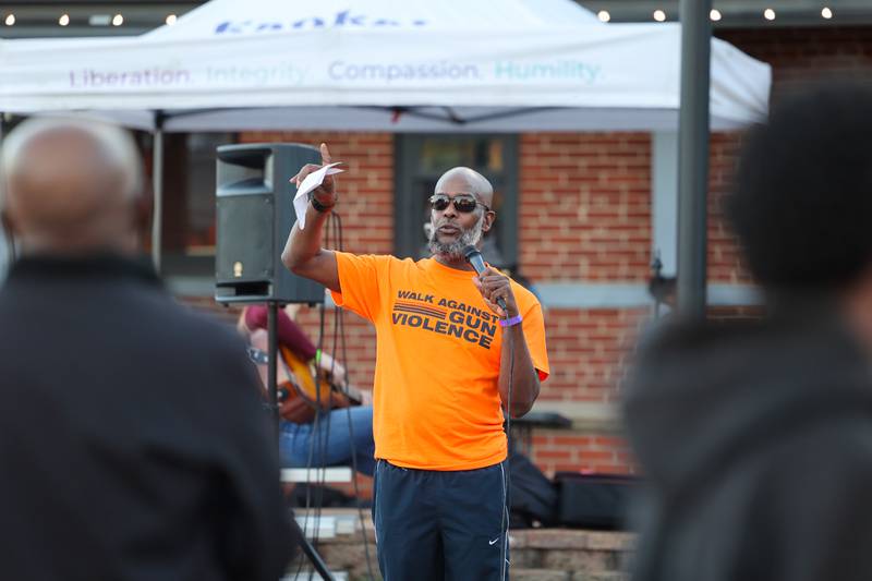Aaron Clark, director of the Kankakee Forgives, speaks to a crowd of approximately 100 people at the conclusion of the 2nd Walk Against Gun Violence in Kankakee on Tuesday, April 29, 2025.
