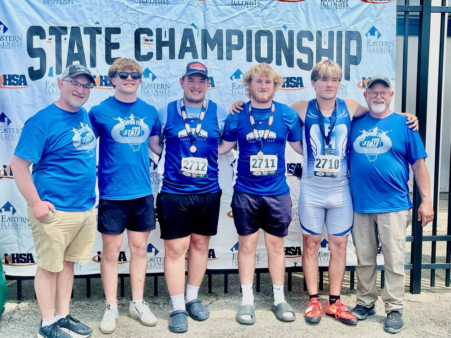 Princeton's state crew of throws coach Curtis Odell (from left), Casey Etheridge, Cade Odell, Ian Morris, Landen Hoffman and head coach Dave Moore landed three state medals in Charleston Saturday, including a 1-2 finish in Class 2A discus.