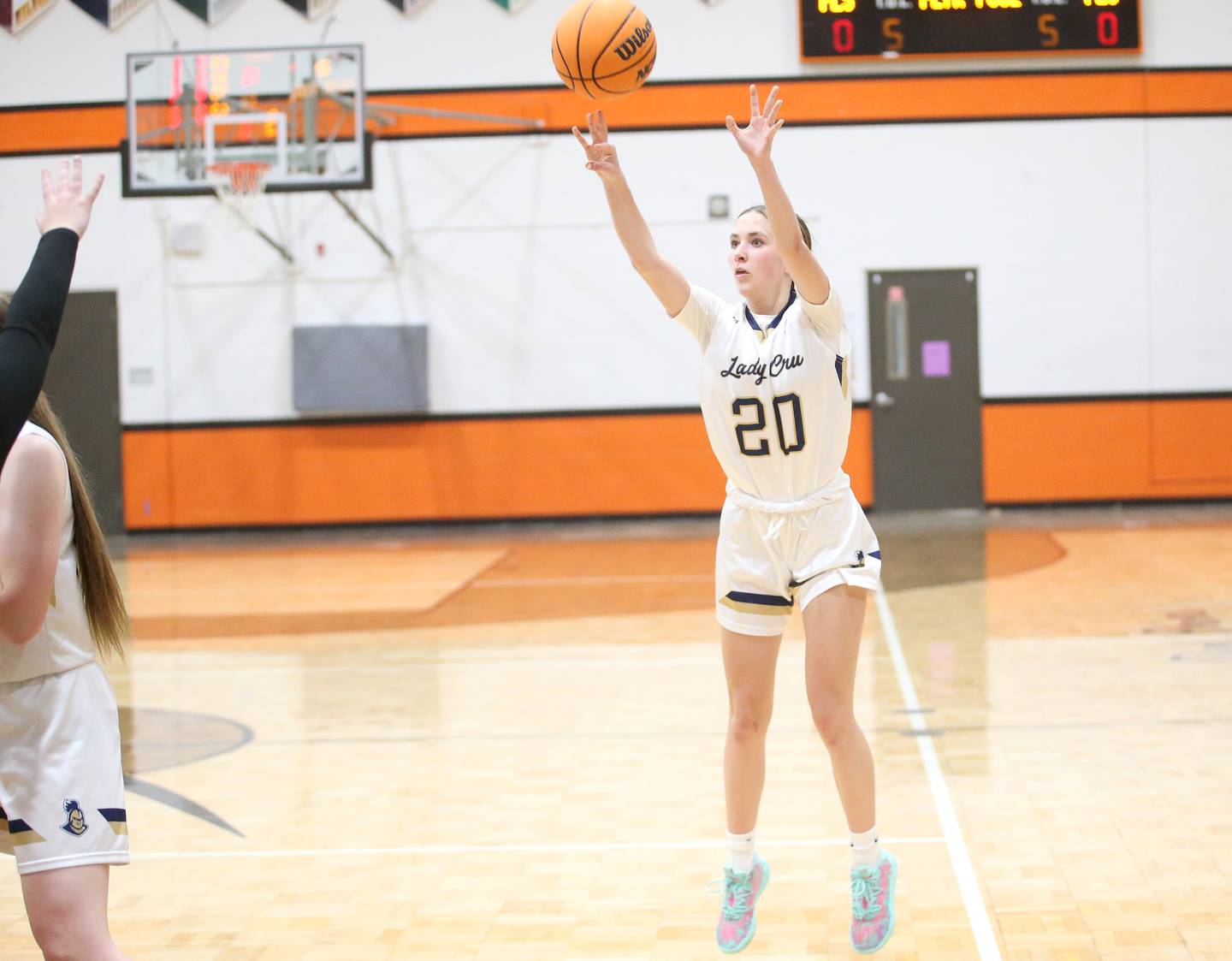 Marquette's Kaitlyn Davis shoots a wide-open jump shot against St. Bede during the Tri-County Conference championship game on Thursday, Jan. 23, 2025 at Roanoke-Benson High School.