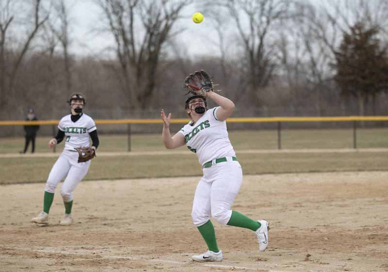 Rock Fall’s Zoe Morgan camps under a pop up Thursday, March 23, 2023 against Princeton.