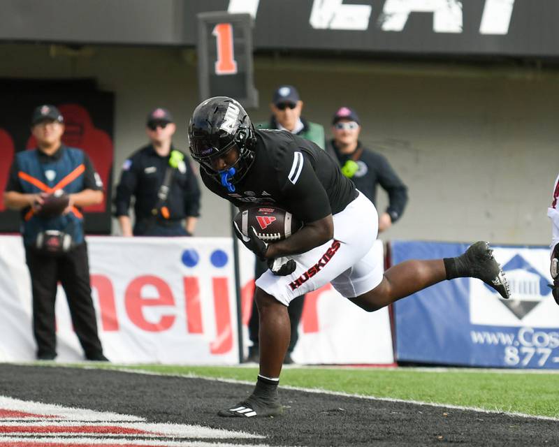 NIU’s Antario Brown runs in for a touchdown during the first quarter on Saturday Oct. 21, 2023, while taking on Eastern. Michigan held at Huskie Stadium in DeKalb.