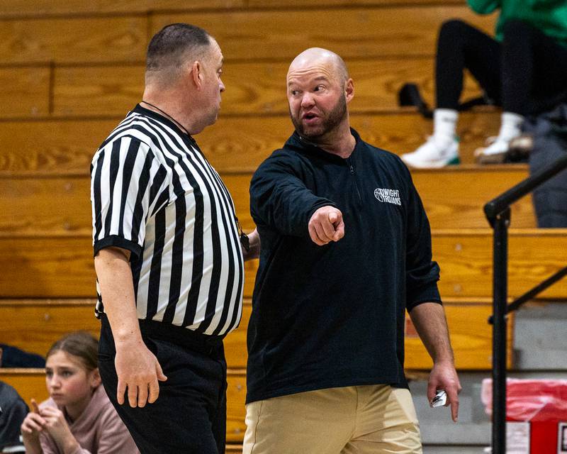 Dwight's Head Coach Max Sulzberger points at floor whilst arguing with official over foul call on Monday, January 19, 2026 at the Krese Memorial Gymnasium in Dwight.