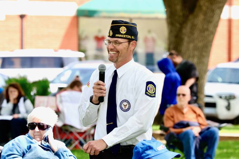 Master of Ceremonies David Ohlson, a Navy veteran, speaks during Monday's Memorial Day Services in Princeton.