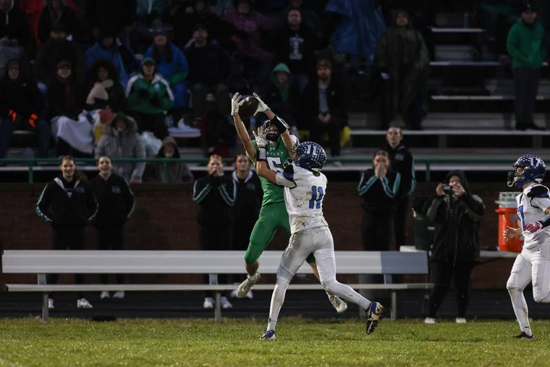 Dwight's Joe Duffy catches a long pass from Collin Bachand in the first half during Dwight's 43-14 victory over Clifton Central in second round playoffs on Saturday, Nov. 8, 2025.