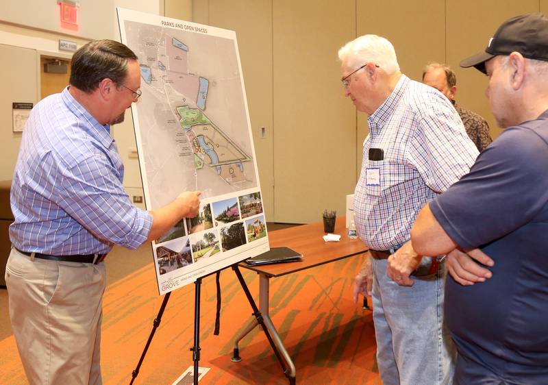 Rich Olson, principal of Gary R. Weber Associates, Inc., (consultant on the project for Crown Community Development)  answers questions from Don Adams, of Sugar Grove, at The Grove community engagement meeting on Monday, June 12, 2023 at Waubonsee Community College in Sugar Grove.