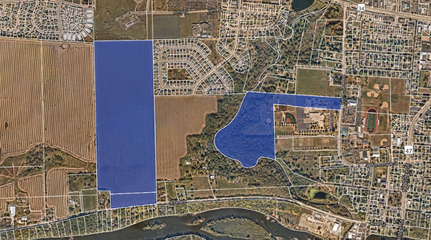 The Yorkville School District 115 is requesting the city to annex and rezone a 106 acre property (left) and to rezone a 45 acre property adjacent to their high school campus (right).