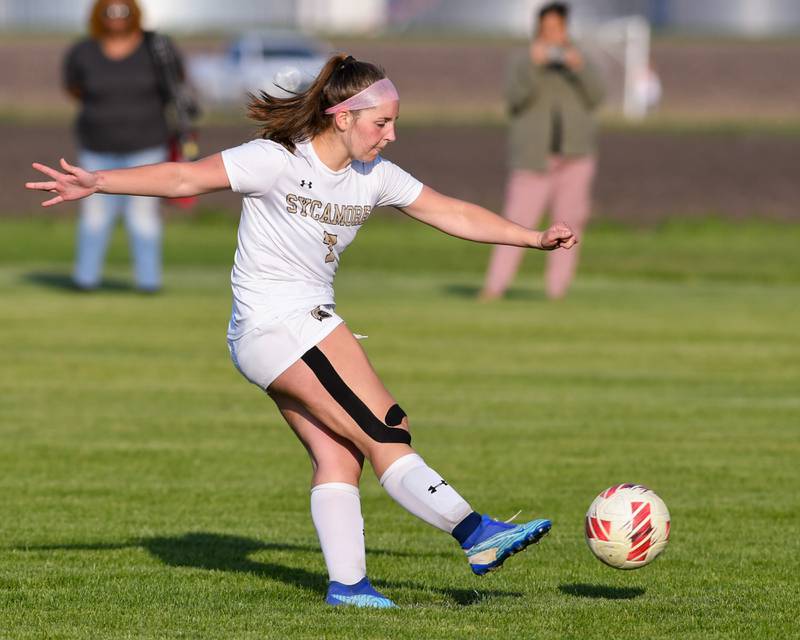 Sycamore's Anya Berry (7) scores the winning goal during the shootout portion of the game while traveling to take on Kaneland on Tuesday May 6, 2024.Sycamore's Anya Berry (7) scores the winning goal during the shootout portion of the game while traveling to take on Kaneland on Tuesday May 6, 2024.