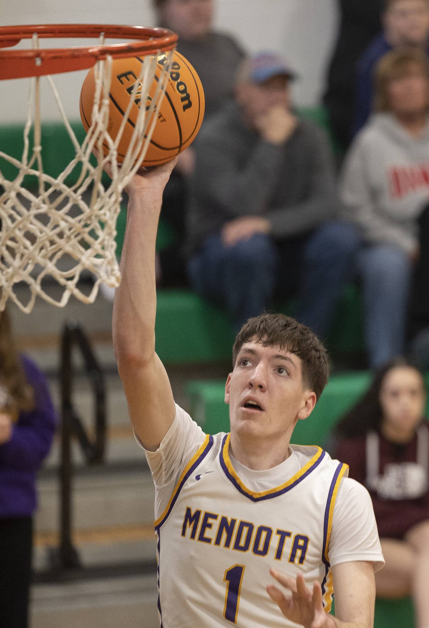 Mendota’s Cole Tillman puts in a bucket against Oregon Friday, Feb. 27, 2026, at the Class 2A Rock Falls boys basketball regional.